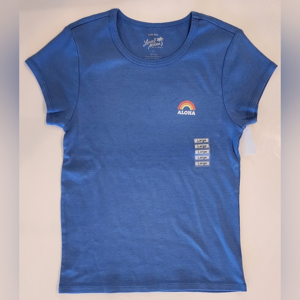 Local Motion Hawaii Rainbow Aloha T-Shirt, Y2K-Style Baby Tee, Blue, Large